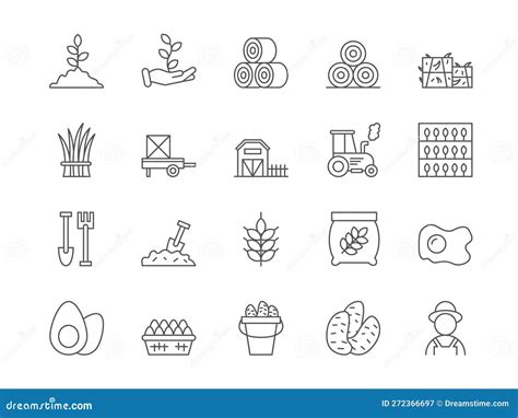 Farm Line Icons Agriculture Field Farmer And Harvesting Tractor