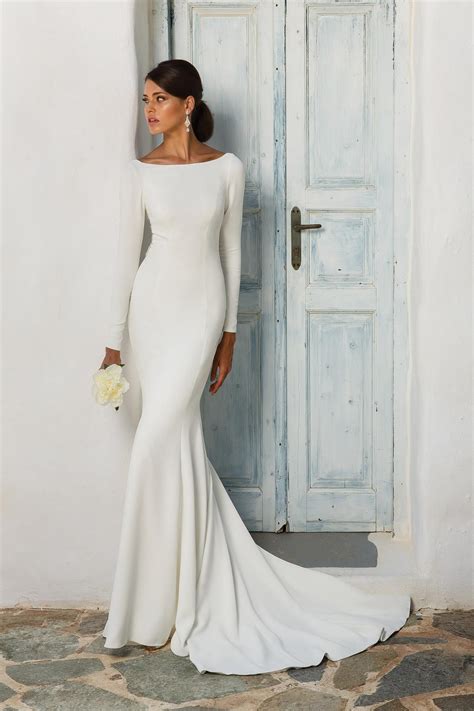 Long Sleeve Simple White Wedding Dress