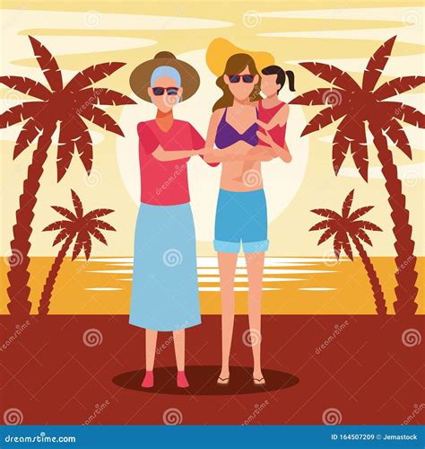Happy Old Woman And Woman Holding A Girl At The Beach Stock Vector