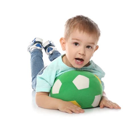 Cute Little Child Soft Soccer Ball White Background Playing Indoors
