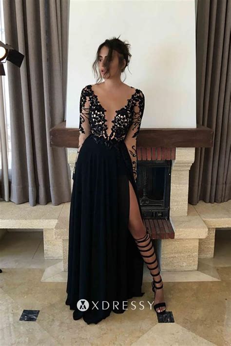 Sexy Plunging Neck Slit Illusion Black Prom Dress Xdressy