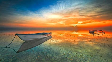 Indonesia Landscape Sunset Beach Lake Boat Orange Sky Reflection In The