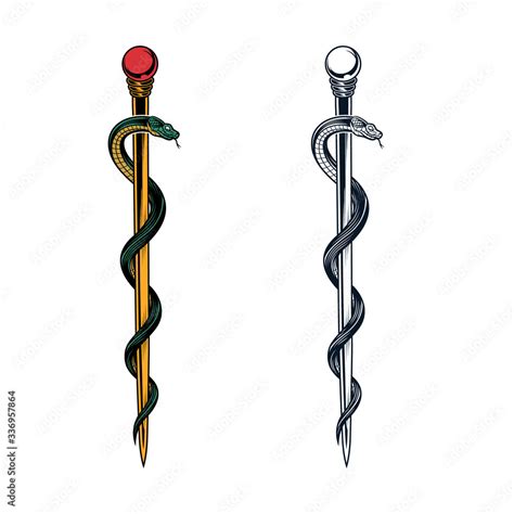 Rod Of Asclepius Symbol Vector Illustration In Engraving Technique Of