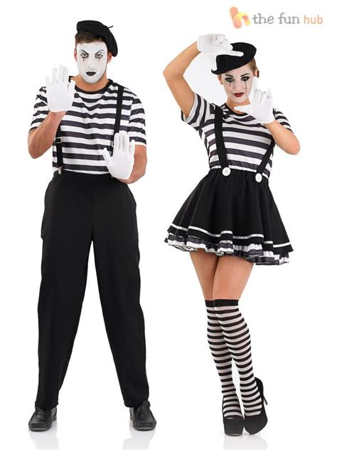 Mens Ladies Mime Artist Costume Black White Street Circus French Carnival Outfit Carnival