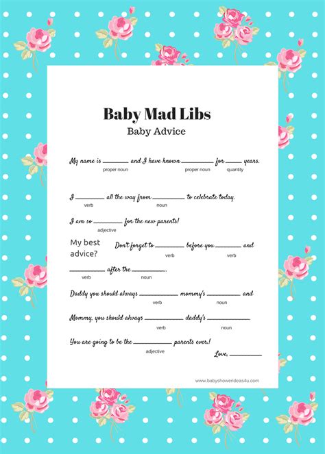 I have gathered the questions and answers from various places on the internet. Free Instant Download Baby Shower Mad Libs Template