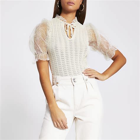 White Floral Organza Sheer Sleeve Top River Island