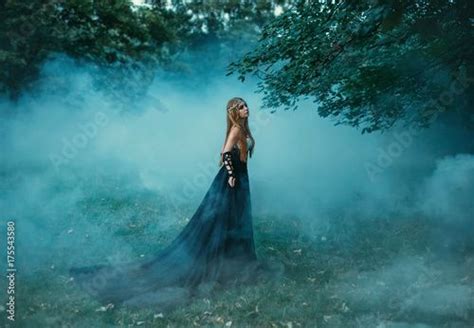 The Dark Queen Of Elves Walks In A Misty Forest A Creative Image An Unusual Black Dress