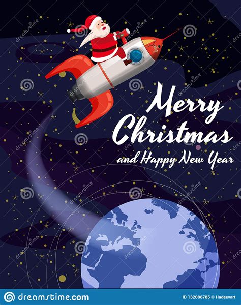 Santa Claus On A Rocket Flies In Space Around The Earth Merry