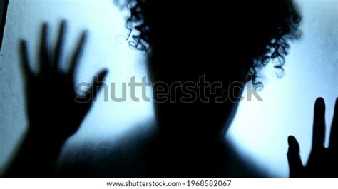 Woman Feeling Trapped Behind Glass Window Stock Photo 1968582067