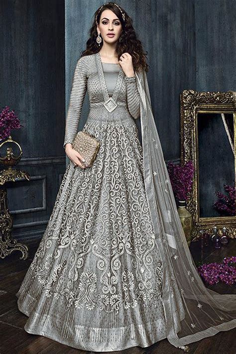 grey color attractive indian bride wedding wear fancy embroidered gorgeous look floor length