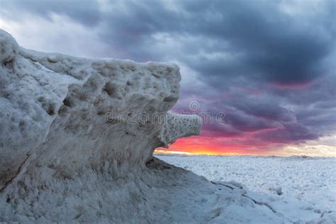 Ice Formations On Lake Huron At Sunset Ontario Canada Stock Photo