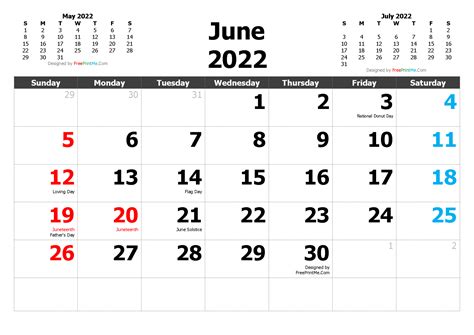 Free Printable June 2022 Calendar With Holidays Pdf Png