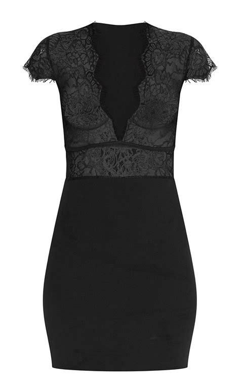Black Lace Trim Binded Bodycon Dress Prettylittlething Aus