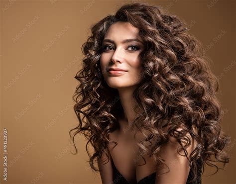 Curly Hair Model Woman Wavy Long Hairstyle Brunette Fashion Girl With Volume Hairdo And