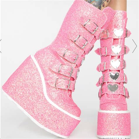 Nib Demonia Pink Candy Glitter Heart Trinity Boots Platform Boots