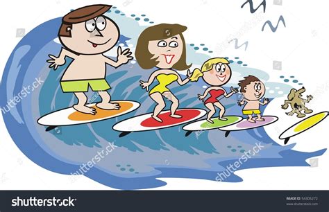 Framed pictures of hunting dogs lined the wall to his left and. Cartoon Showing Happy Family Surfing On Stock Vector ...
