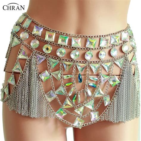 Chran Sexy Mesh Disco Sequin Skirt Tassels Mirror Bodysuit Dress Body