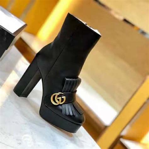 Gucci Women Leather Ankle Boot With Fringe Double G Hardware Black Lulux