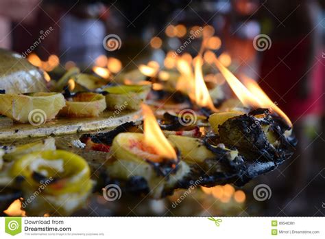 Burning Oil Hindu Temple Candles In A Folded Leaf Poured Oil Put The Wick Is Lit And