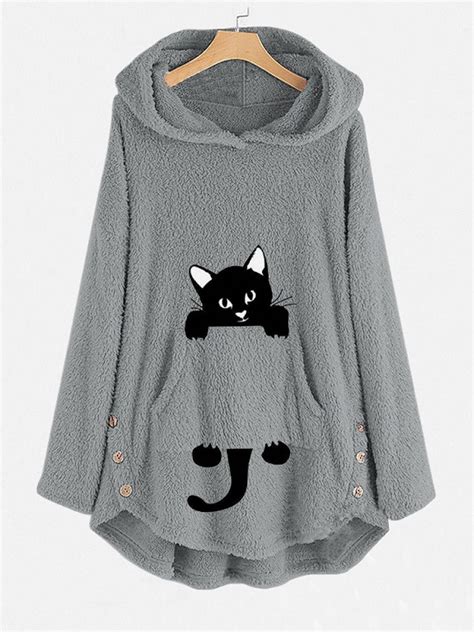 Funny Cat Pocket Overhead Fleece Hoodies Power Day Sale