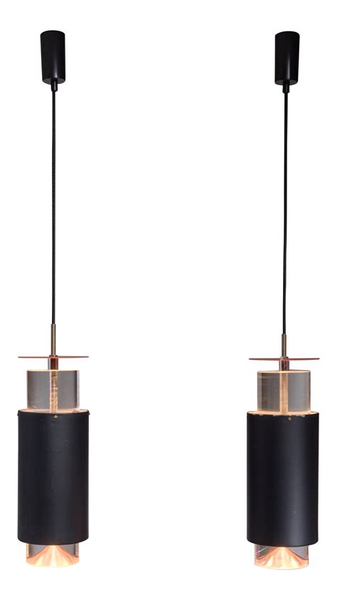pair minimalist simon henningsen metal and plexiglass pendants denmark 1960s on