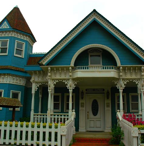 Black and white victorian house. Blue and white classic Victorian House, Cambria, Californi ...
