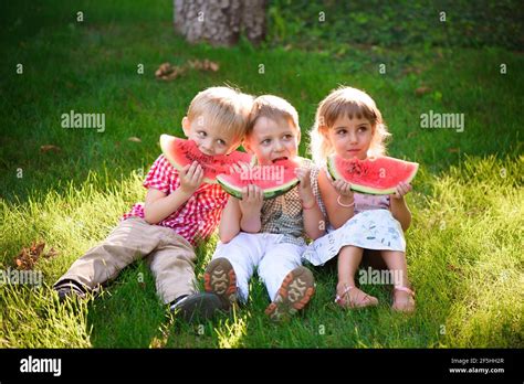 Funny Kids Eating Watermelon Outdoors In Summer Park Stock Photo Alamy