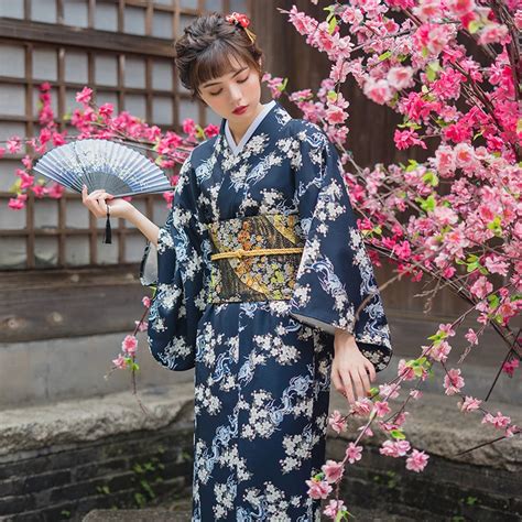 Dark Blue Women Cosplay Japanese Kimono Traditional Print Flower Yukata