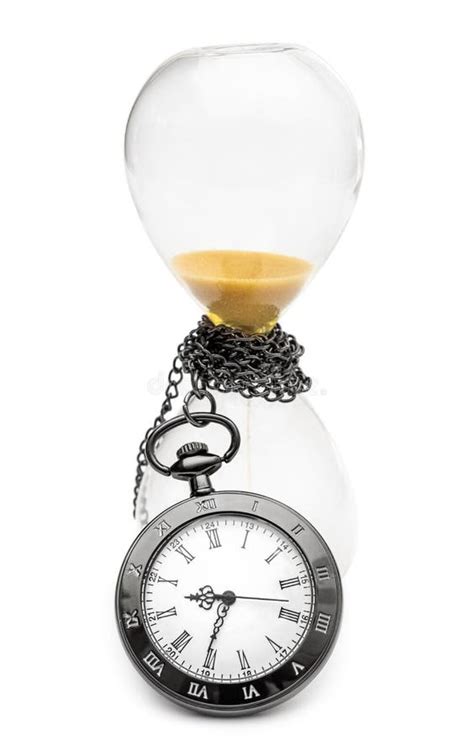 Hourglass With Pocket Watch On White Stock Image Image Of Space Sand