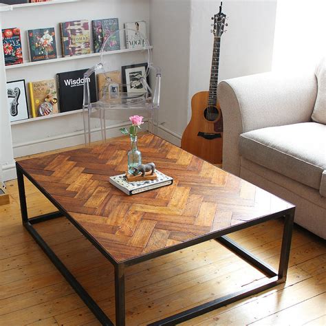 Modern floating live edge wood slab coffee table top with steel base clear coat natural finish on all design de moveis moveis de madeira banquinhos de madeira wood for a coffee table can be broken into two basic categories. Large Upcycled Parquet Floor Coffee Table By Ruby Rhino | notonthehighstreet.com