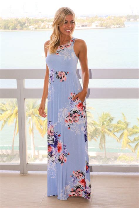 Baby Blue Floral Maxi Dress With Pockets Maxi Dresses Saved By The