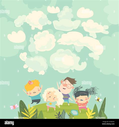 Dibujos Animados Niños Felices Viendo Nubes En El Cielo Imagen Vector