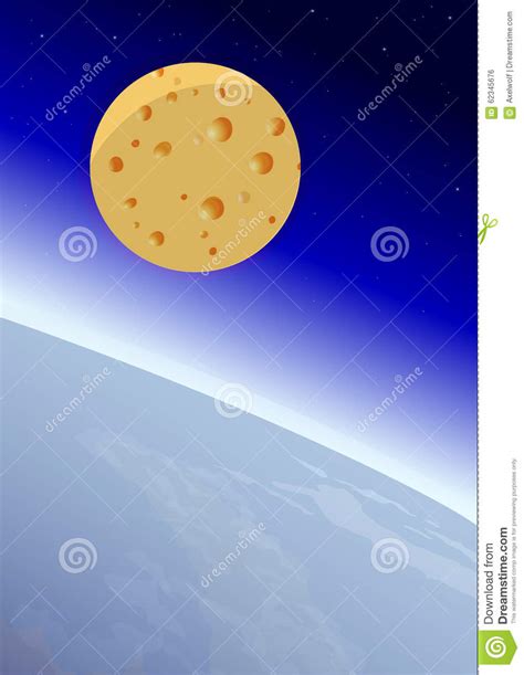 Cheese Moon Near Planet In Space Vector Illustration Stock Vector