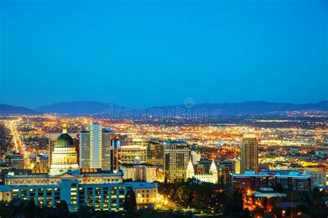 Salt Lake City Skyline Utah At Night Stock Image Image Of Urban