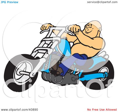 Clipart Illustration Of A Bald And Shirtless Biker Dude Riding His Blue