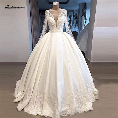 Arabic Pearls Ball Gown Satin Wedding Dresses Long Sleeves