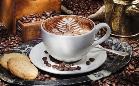 saucer coffee cup cappuccino biscuits grain 2k hd wallpaper