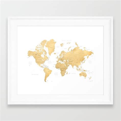 Buy Gold World Map With Countries And States Labelled Framed Art Print