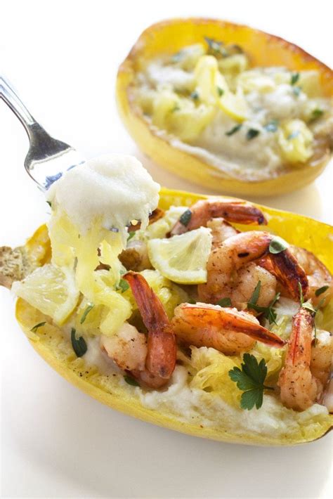 A lightened up baked version of shrimp scampi with spaghetti squash as pasta. Creamy Spaghetti Squash With Shrimp Scampi - Wife Mama Foodie