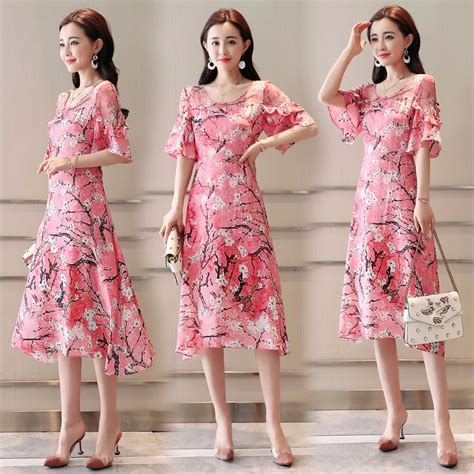 2018 Summer Women Flowers Dress Casual O Neck Floral Dress Beach