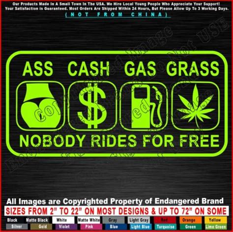 No Free Rides Ass Cash Gas Grass Funny Jdm Window Auto Car Truck