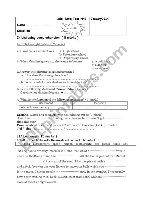 Mid Term Test N°2 For 8th Form Esl Worksheet By Iyedo