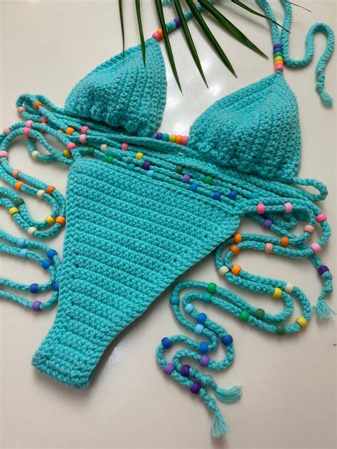 Rainbow Gradient Crochet String Bikini Set In The Color Turq Etsy