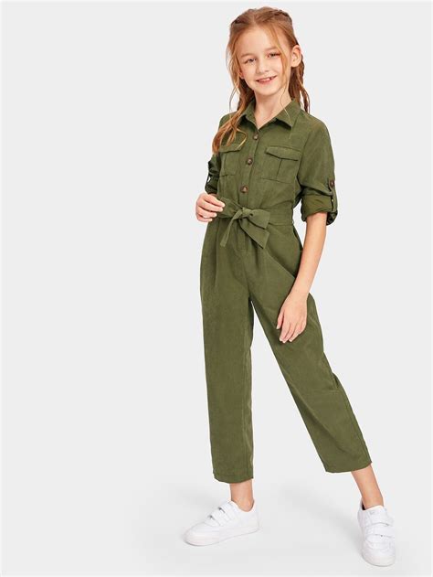 Girls Button And Pocket Front Belted Jumpsuit Jumpsuits For Girls