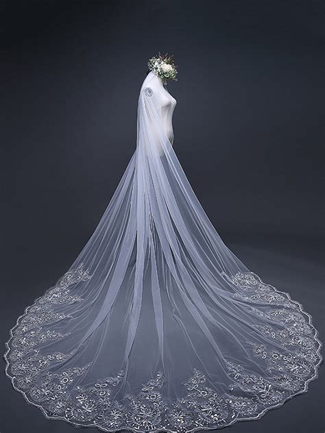Elegant Tulle With Lace Long Wedding Veils Hebeos