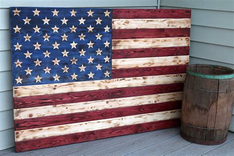 Large Wooden American Flag Carved Wooden Scorched Flag Etsy Wooden