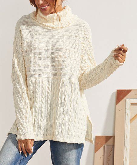 Simple By Suzanne Betro Ivory Cable Knit Turtleneck Peplum Sweater