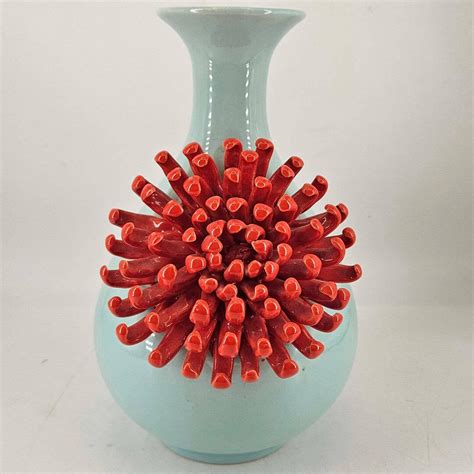Anthropologie Red Ceramic Applied Chrysanthemum Flower Vase Etsy