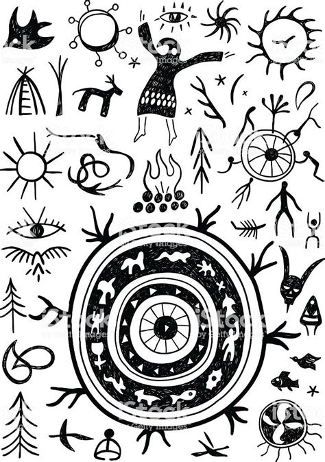Shamans Ritual Doodles Set Icons In Graphic Style Petroglyphs Art