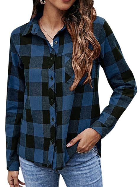 Ukap Women Vintage Flannel Plaid Shirt Button Up Front Tunic Blouses V